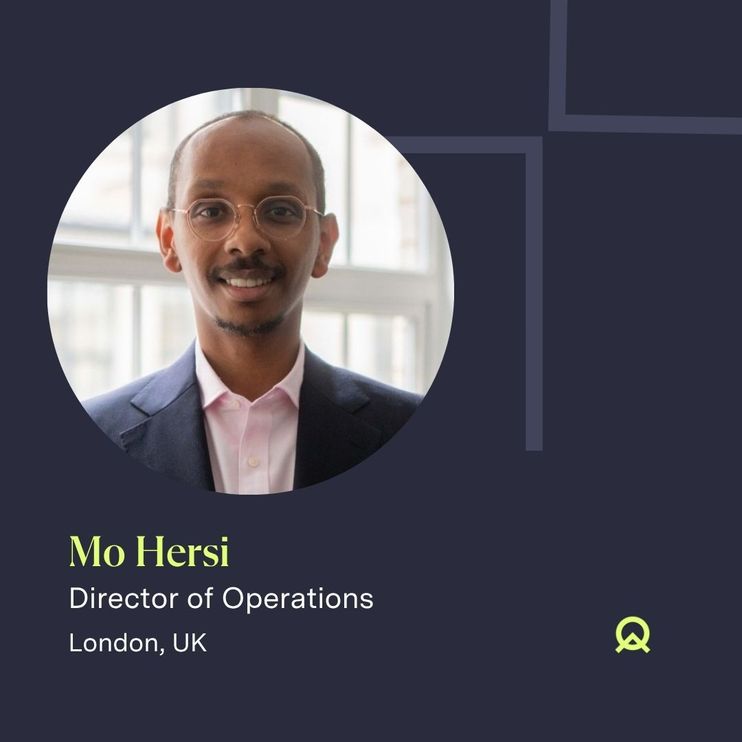 Portrait of Mo Hersi, newly appointed Director of Operations at Finquest, based in London, UK. Text on image includes his name, title, and location on a dark background.
