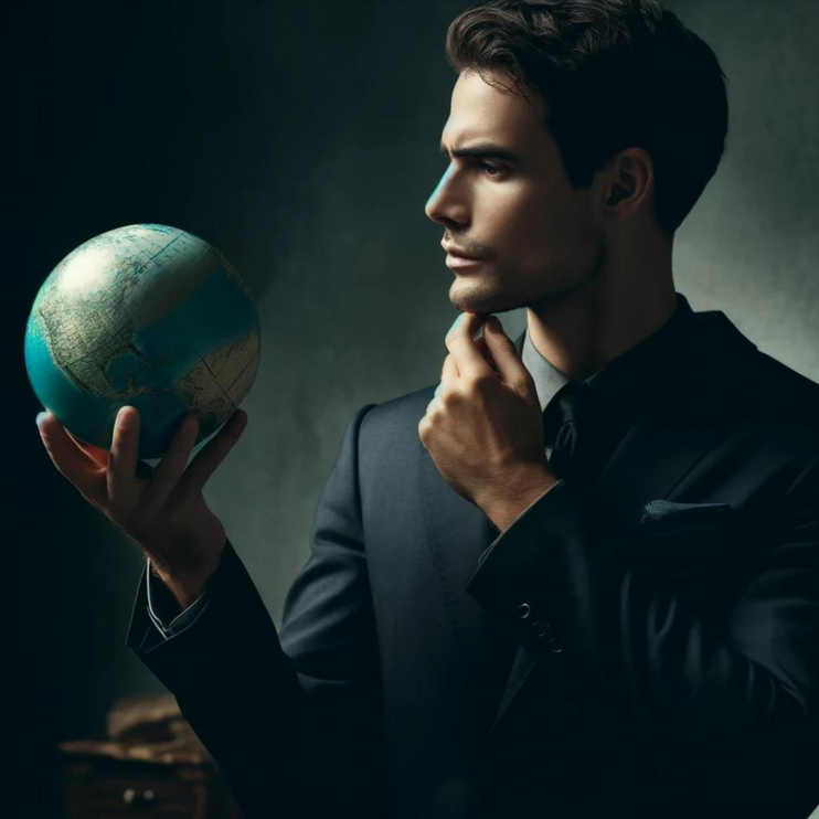 Private equity investor pondering global market strategies while holding a globe, reflecting on the decision to pursue mergers and acquisitions in extended holding periods.