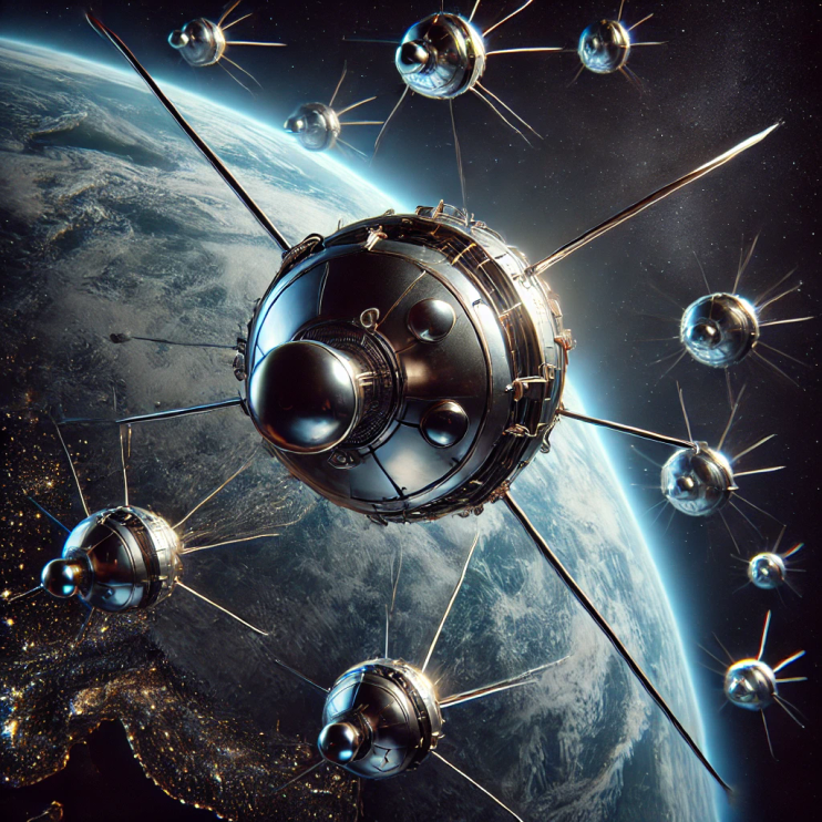 Multiple spacecraft resembling Sputnik 1 flying through space, with Earth in the background.